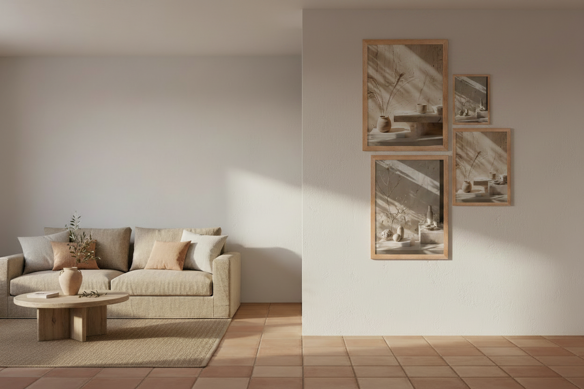 Grand mur décoré d'une composition d'affiches méditerranéennes Cassili-home dans un salon sable