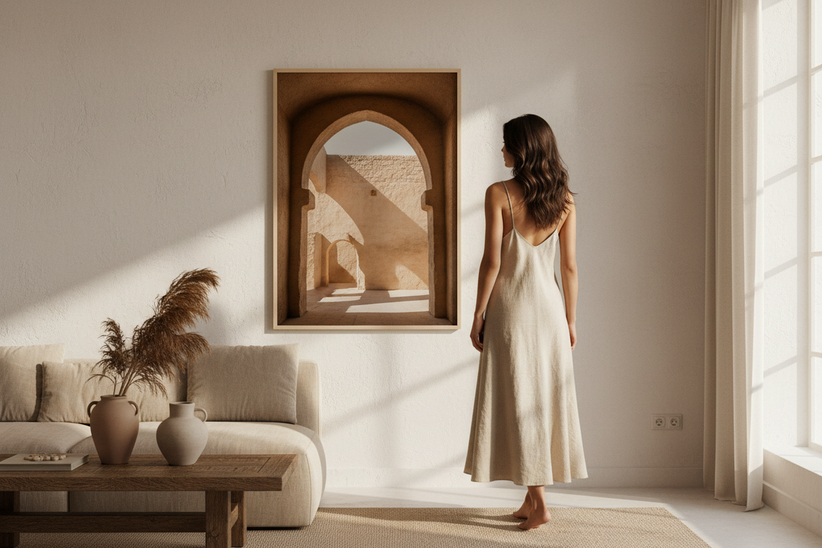 Grande affiche encadrée d'une arche méditerranéenne en terre cuite au-dessus d'un canapé écru dans un salon beige lumineux