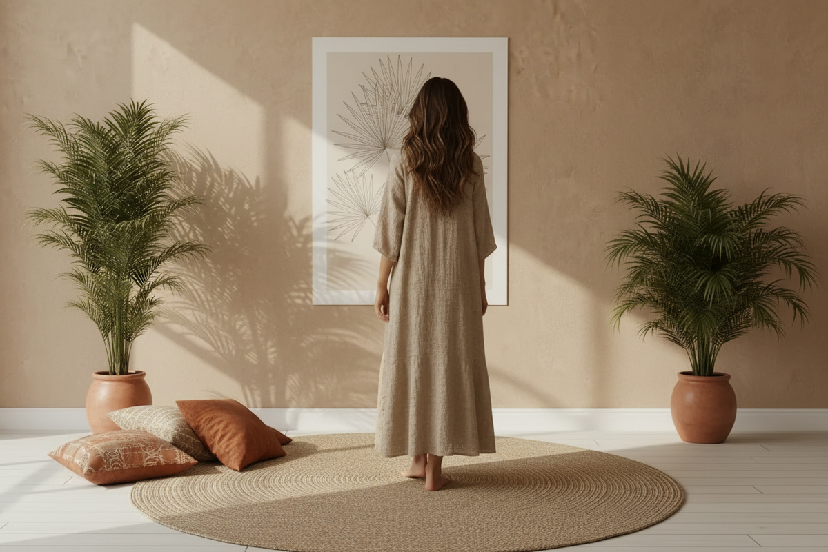 Coin bohème terracotta avec tapis jute, palmiers en pot et affiche palmier