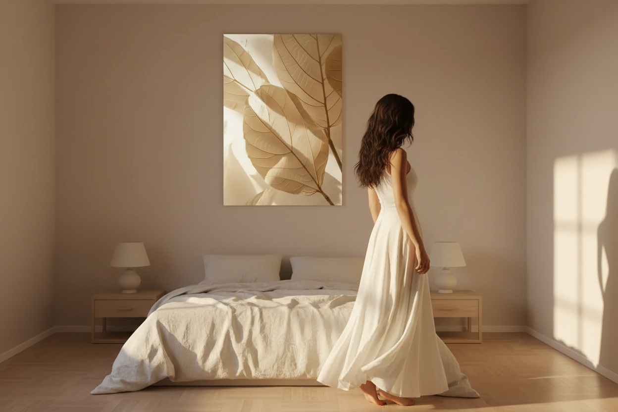 Chambre méditerranéenne apaisante avec linge de lit en lin, tons sable et affiche murale Cassili-home au-dessus du lit
