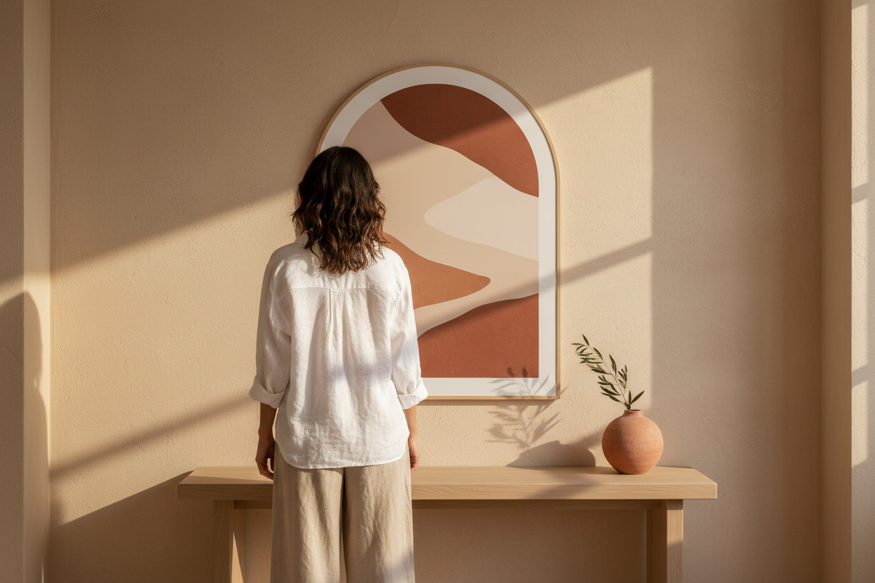 Woman in ivory linen standing in a minimalist Mediterranean entryway with an arch wall art print