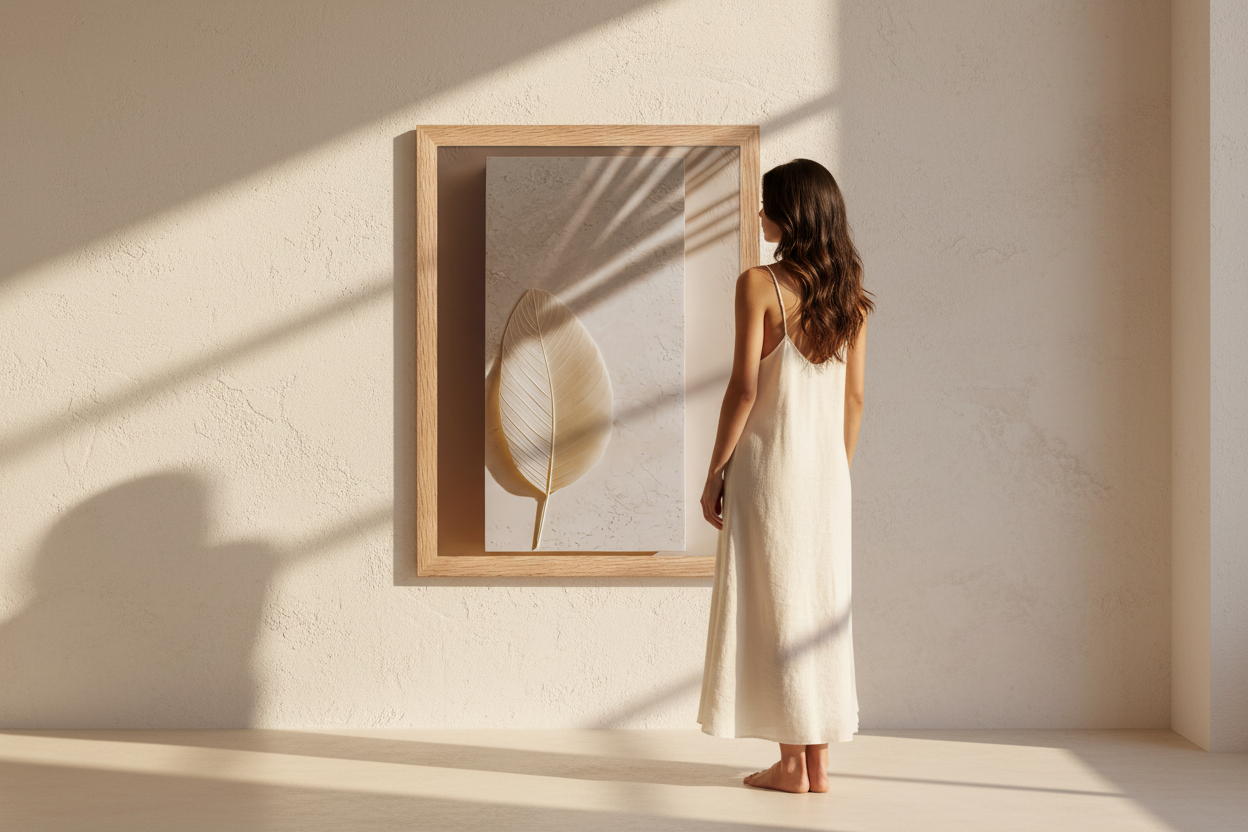 Sand beige wall in a Mediterranean interior — woman in an ivory dress before a framed Cassili-home poster