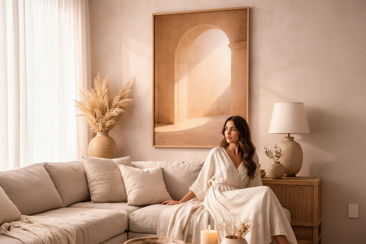Woman in ivory dress sitting on a sofa beside an Arche de Lumière print — stone arch wall art by Cassili-home