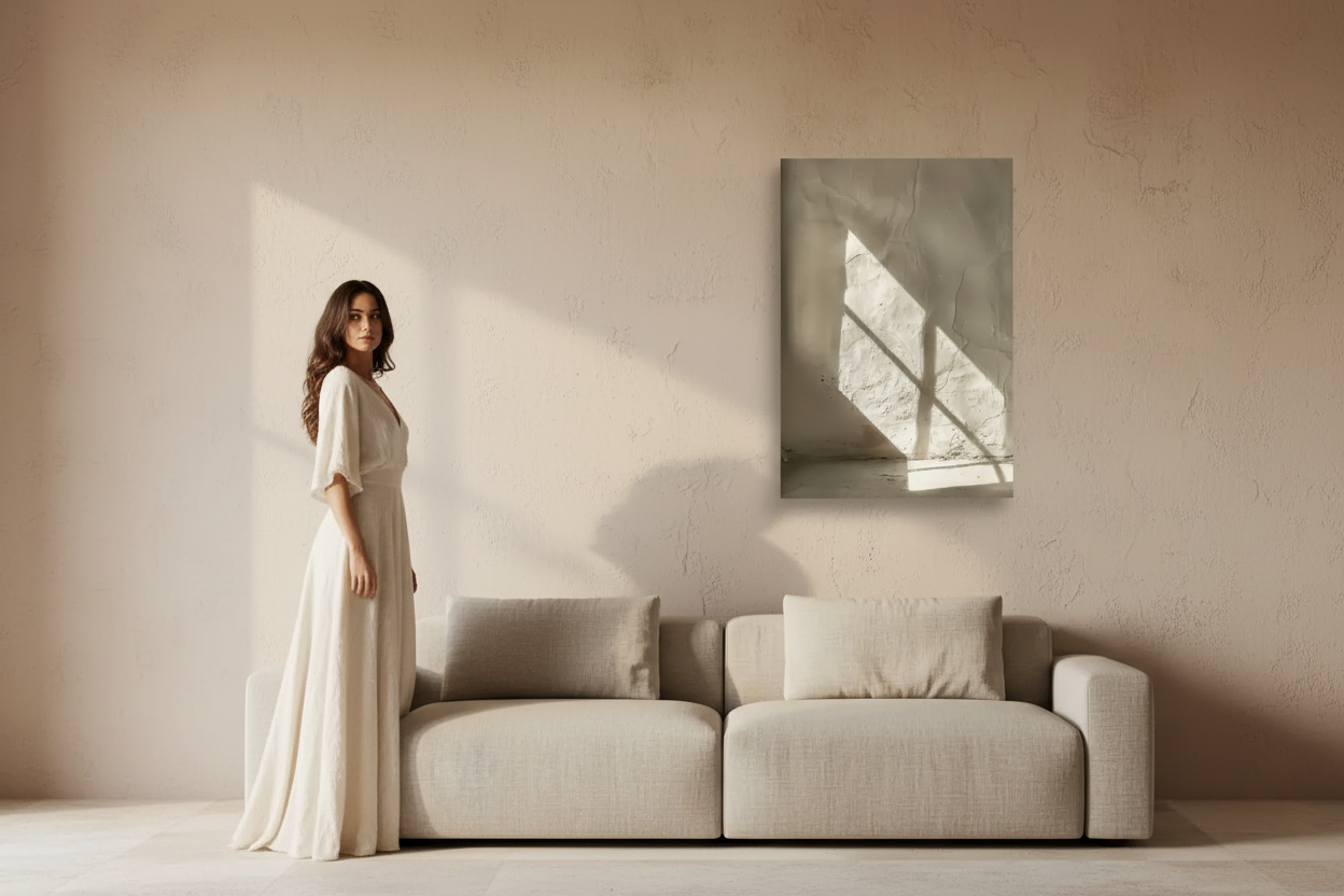 Woman in ivory dress beside a beige minimalist wall art print — beige wall art by Cassili-home