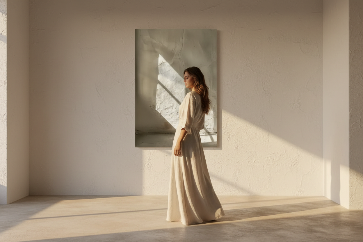 Woman in ivory dress in a minimalist mediterranean interior — minimalist poster prints by Cassili-home