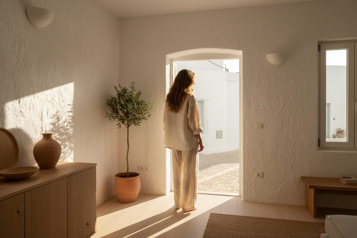 Woman in ivory outfit in a minimalist mediterranean apartment — wall art for small spaces