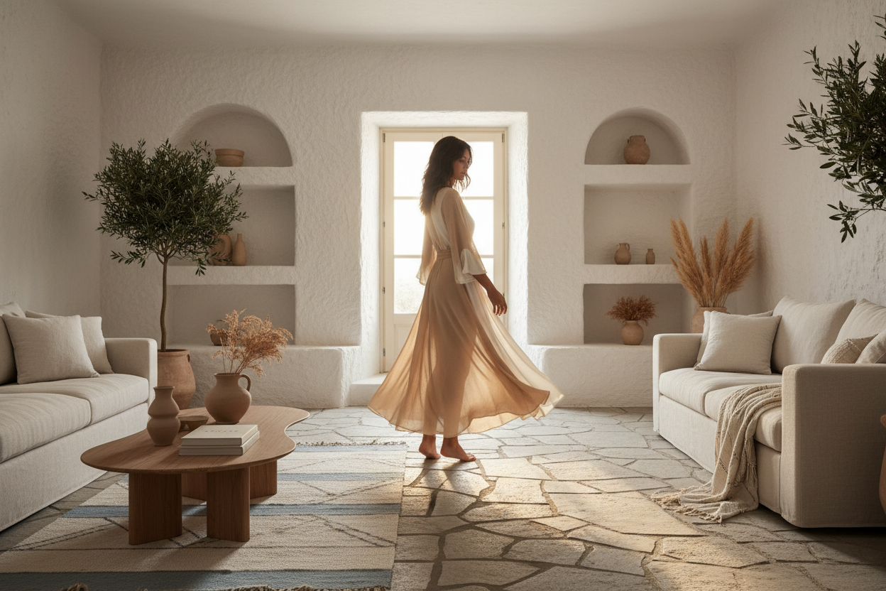 Woman in ivory dress in a mediterranean living room — mediterranean wall art for living room