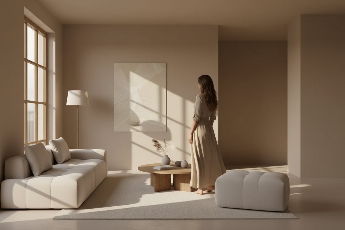 Séjour japandi gris et beige avec affiche claire et fenêtre à croisillons
