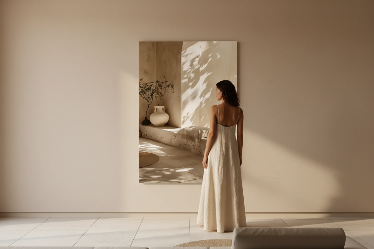 Mur clair avec affiche d'une alcôve de pierre et vase blanc méditerranéens