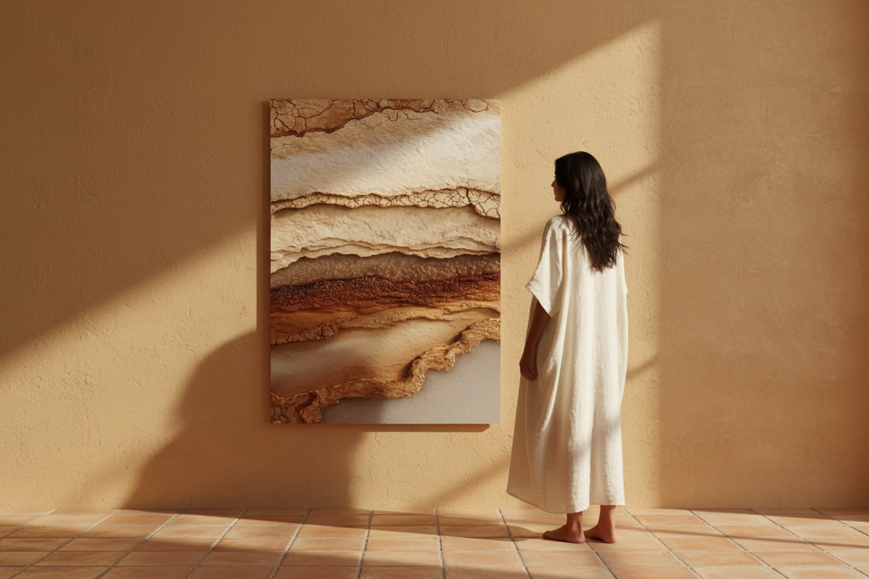 L’ocre en décoration méditerranéenne — égérie Cassili-home devant une affiche aux tons chauds ocre et sable