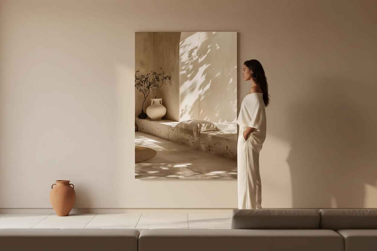 Elegant woman in ivory linen contemplating an olive tree wall art print in a minimalist Mediterranean living room