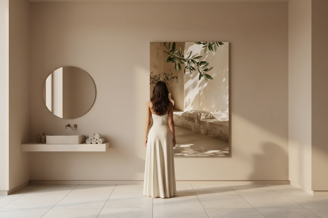 Égérie Cassili-home devant une affiche murale végétale dans une salle de bain spa méditerranéenne