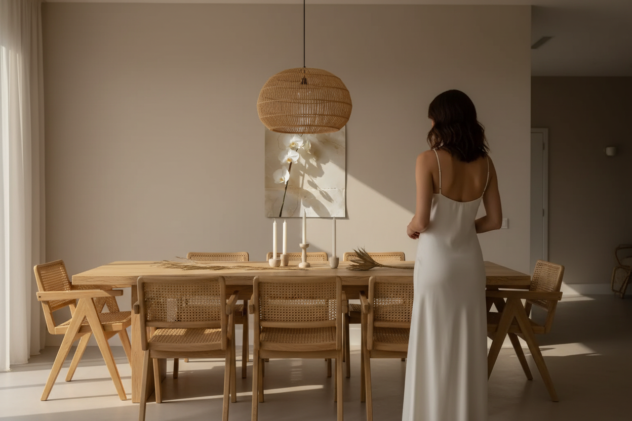 Femme en robe ivoire de dos dans une salle à manger méditerranéenne avec table bois, chaises rotin et affiche orchidée Cassili-home