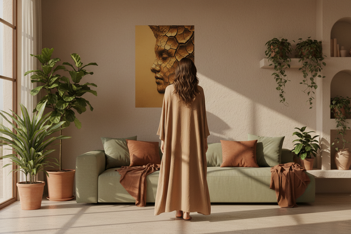 Femme dans un décor terracotta et vert sauge
