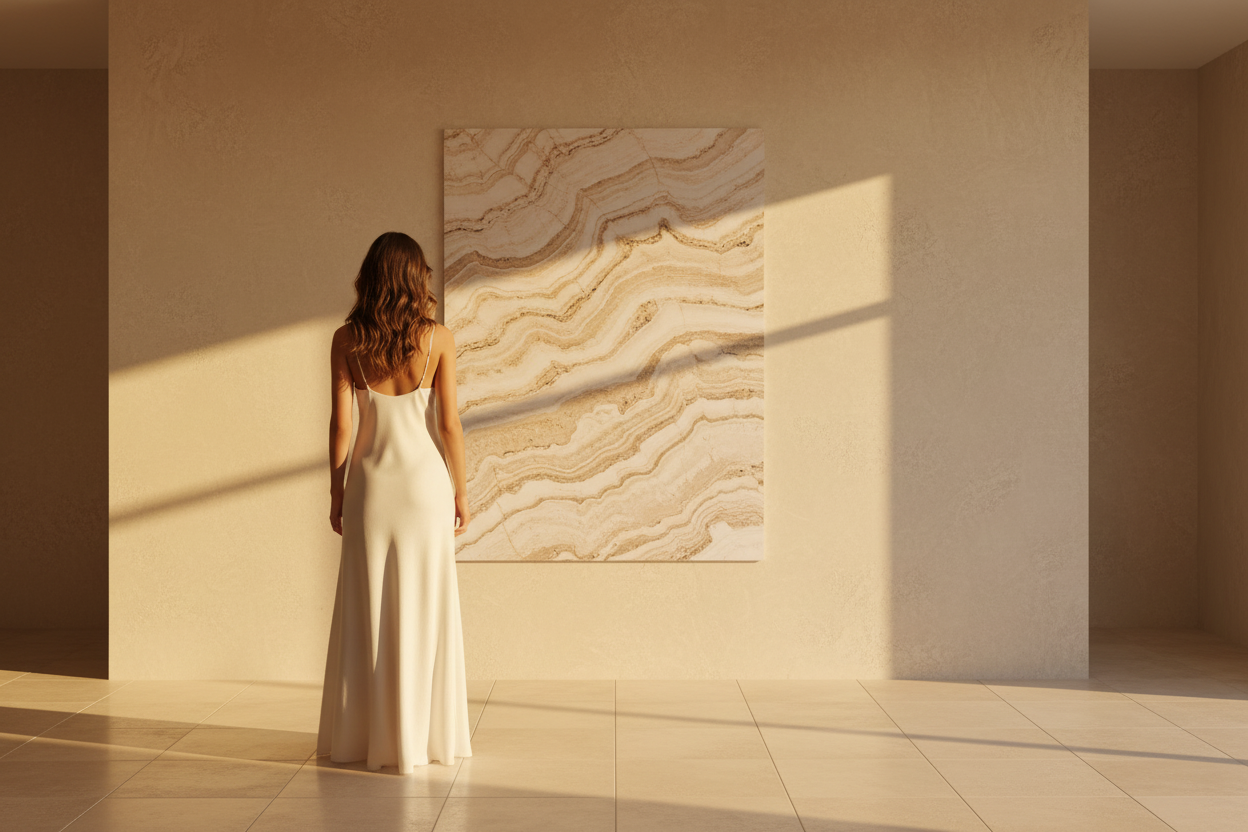 Égérie Cassili-home devant une grande affiche murale texture travertin ivoire dans un intérieur méditerranéen épuré — Cassili-home