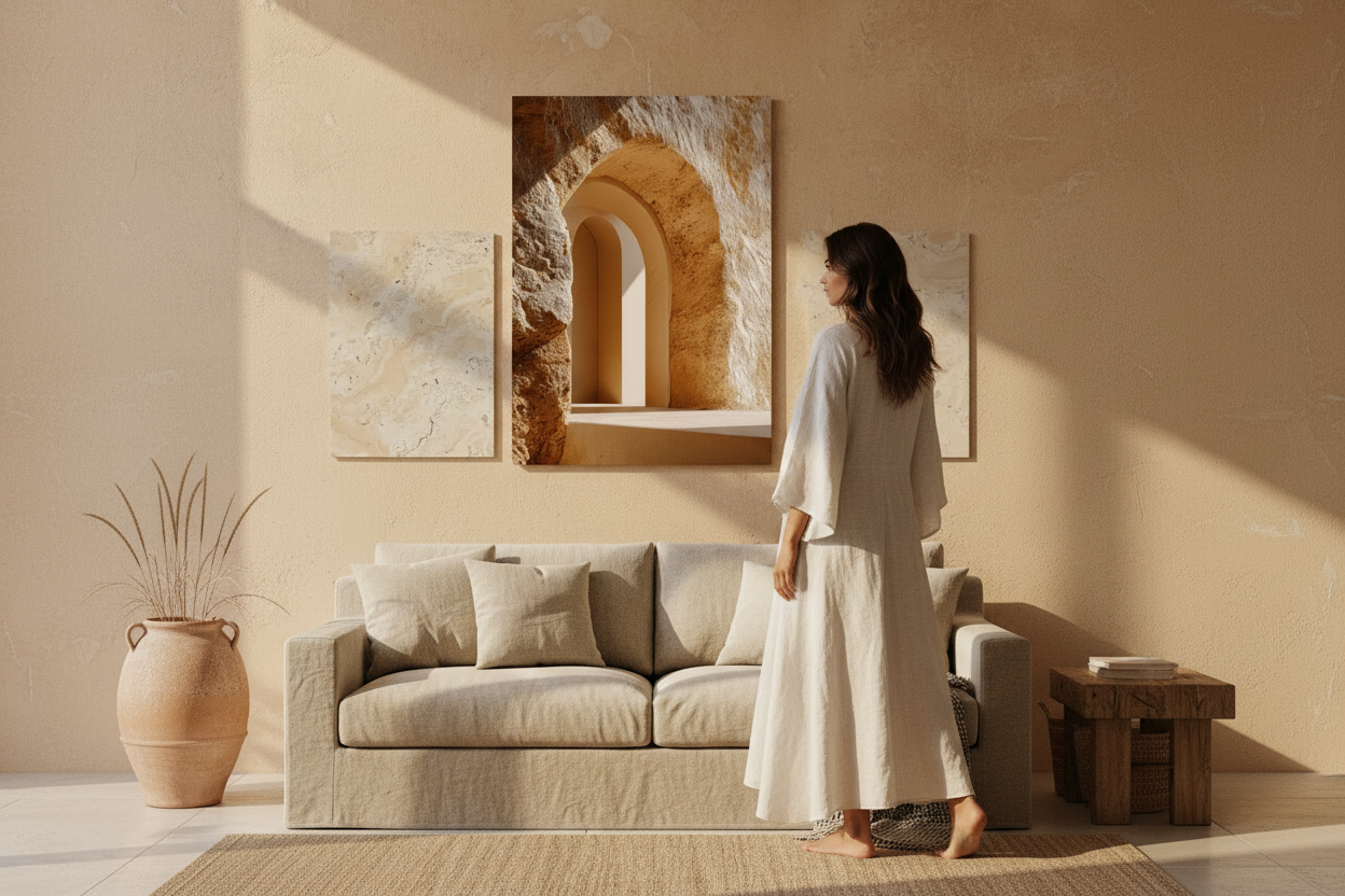 Composition de trois affiches méditerranéennes au-dessus d'un canapé beige : une arche en pierre dorée encadrée de deux textures de travertin clair