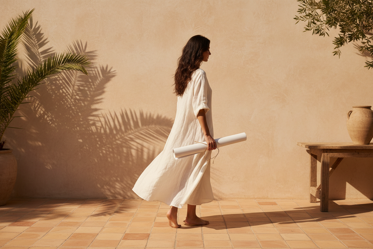 Femme en robe blanche portant une affiche roulée devant un mur ocre ensoleillé