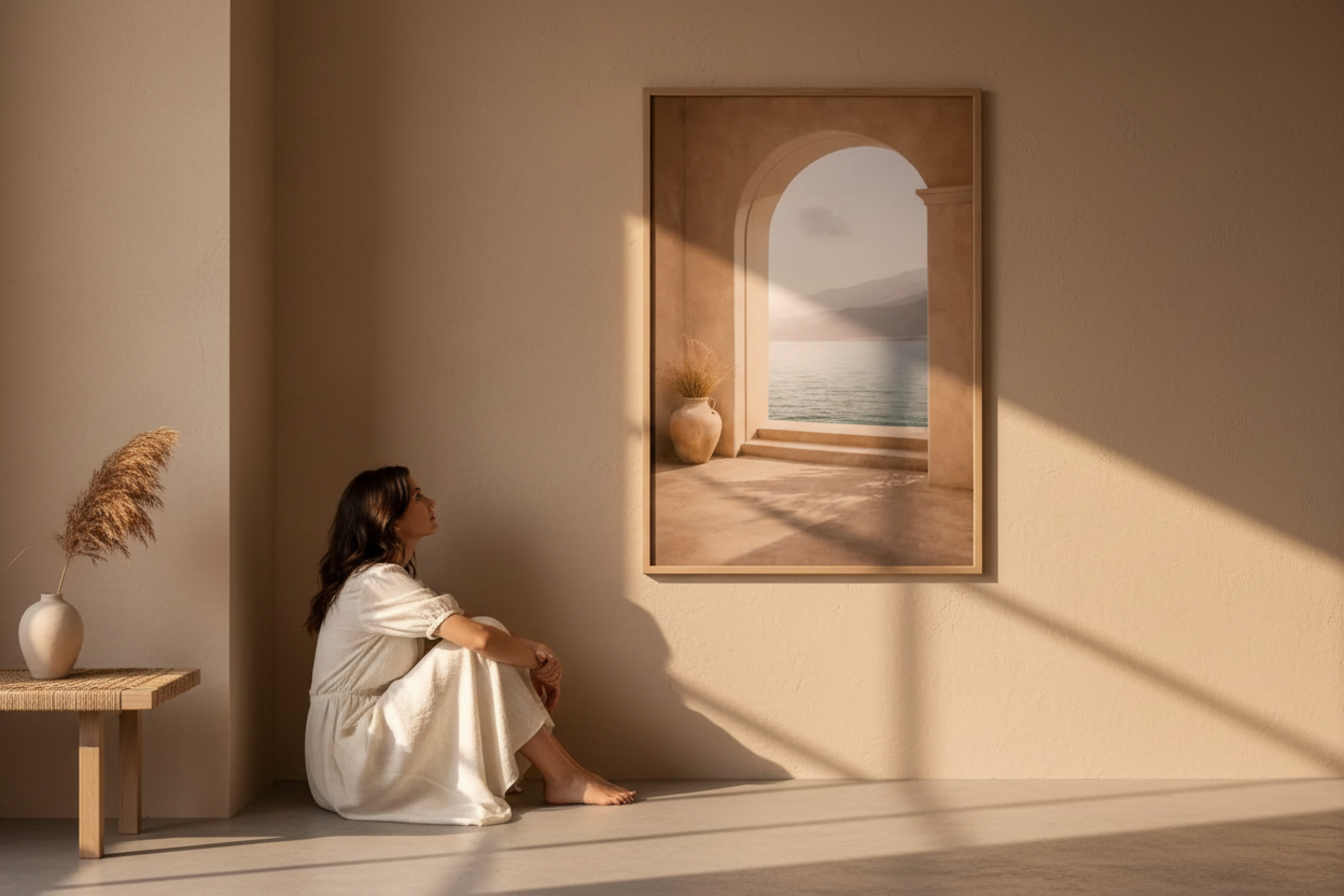 Femme assise au sol face à une affiche encadrée d'arche sur la mer