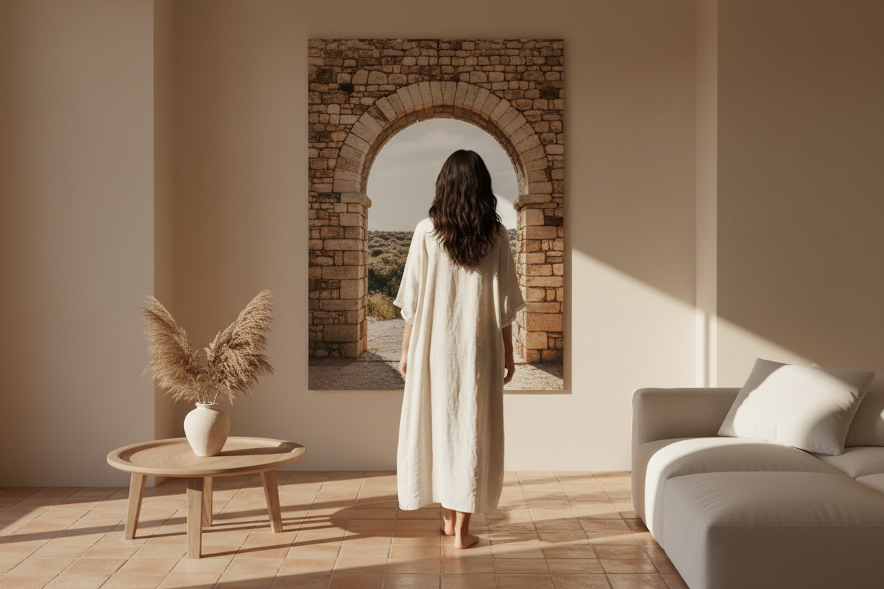 Salon beige avec grande affiche d'une arche de pierre ouvrant sur la garrigue