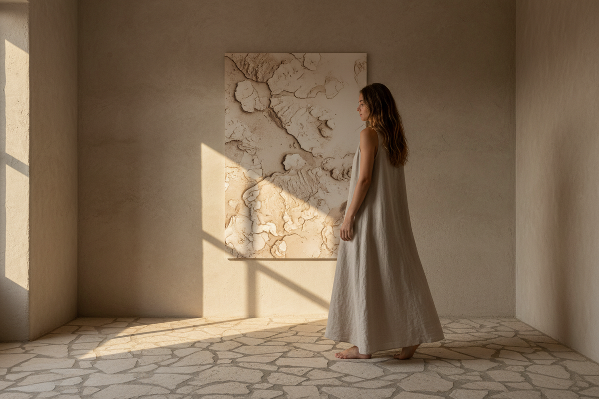 Pièce sable brute avec grande toile en relief texturé et sol en pierre