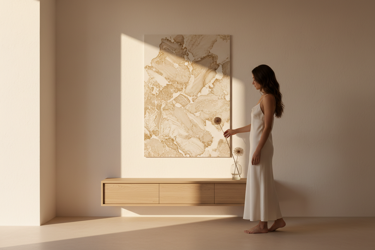 Femme devant une affiche murale minérale Cassili-home