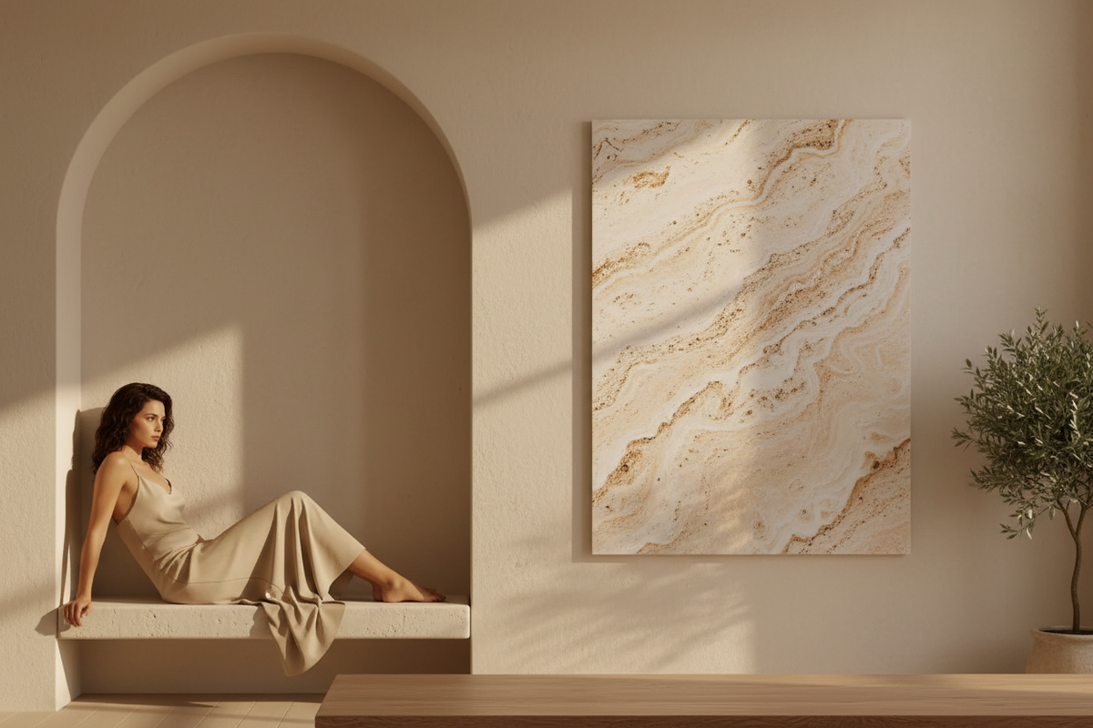 Arche sable avec grande affiche texture travertin ivoire et olivier en pot