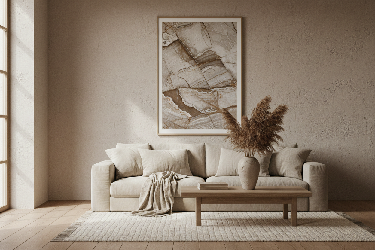 Intérieur minimaliste avec affiche murale encadrée chêne sur mur en plâtre brut | Cassili-home