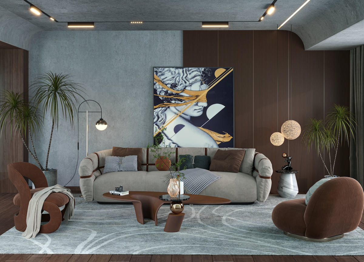 a living room filled with furniture and a painting on the wall