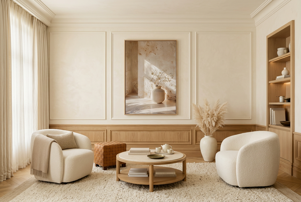 Ivory & Cream Poster — poster of a vase in a niche, in a living room