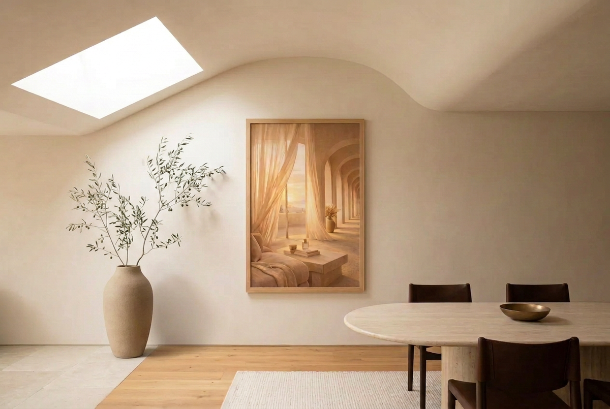 Lumière — poster of an interior bathed in golden light, in a dining room with a vase of olive branches