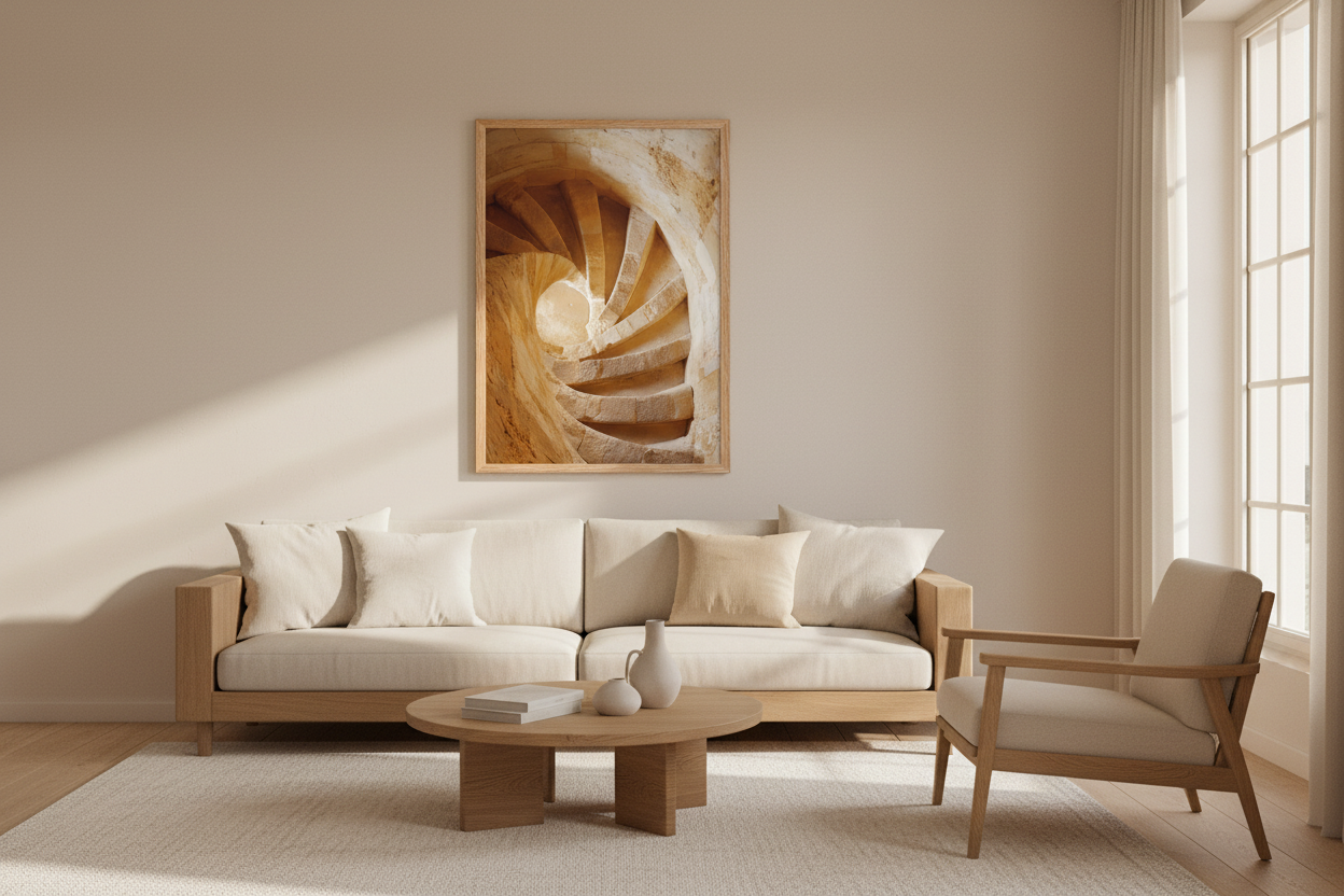 Affiche Illusion: escalier en spirale dans un salon minimaliste, tons bois clair