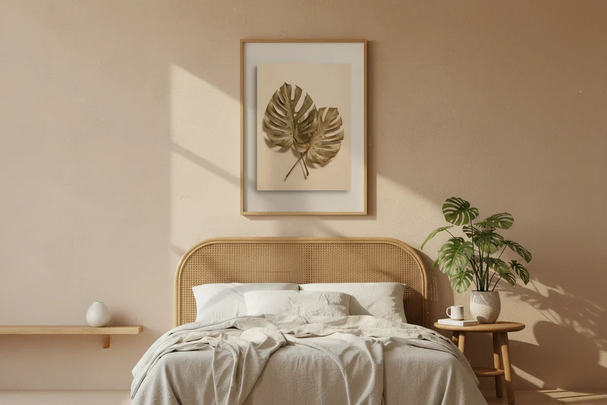 Affiche Végétal Monstera dans une chambre lumineuse, décor végétal apaisant et plante d’intérieur.