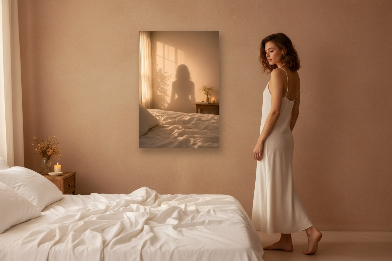 Présences: silhouette féminine lumineuse dans une chambre dorée, robe blanche, poster silhouette à l’arrière-plan.