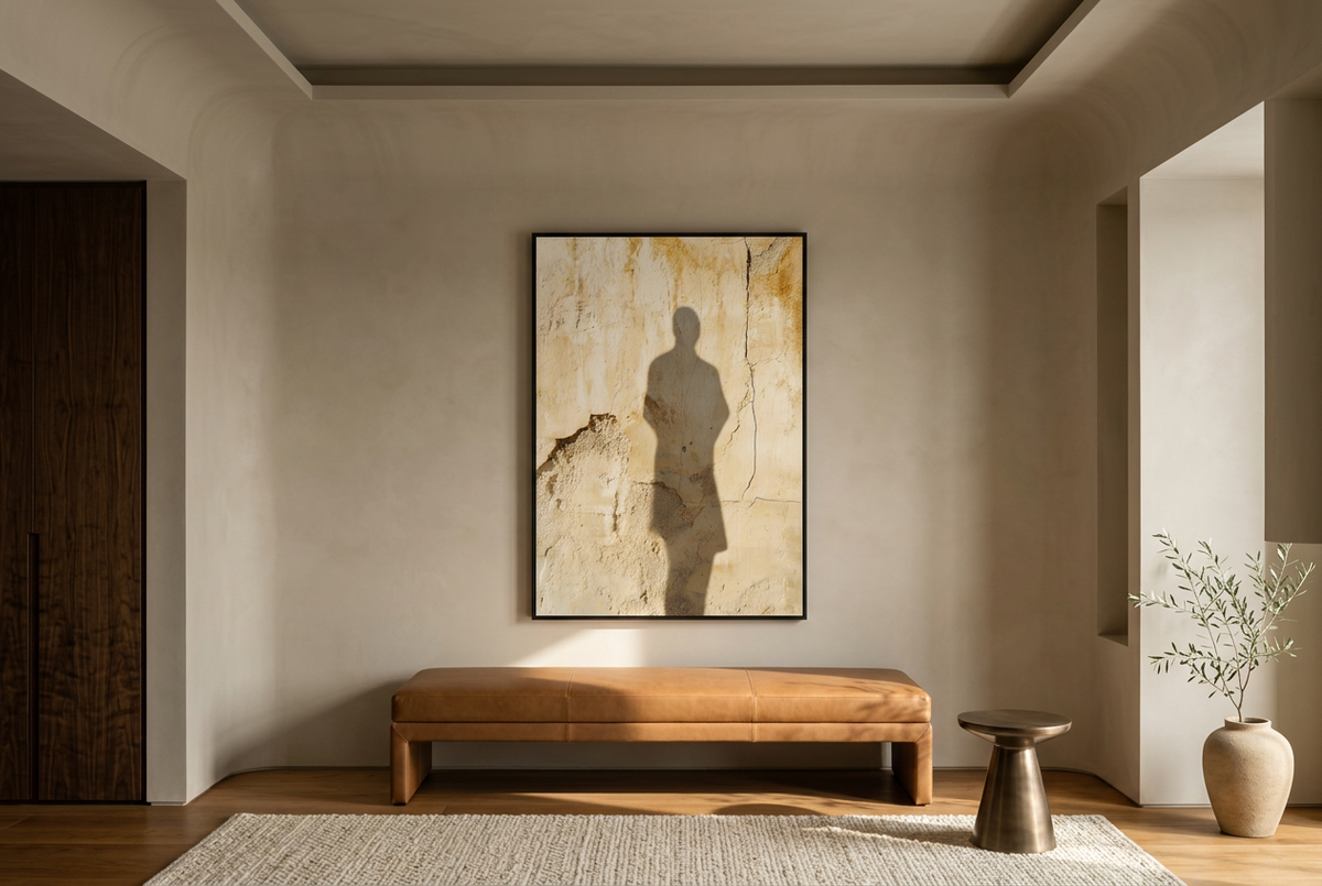 Présences — The Silhouette on Limewash, above a wooden bench