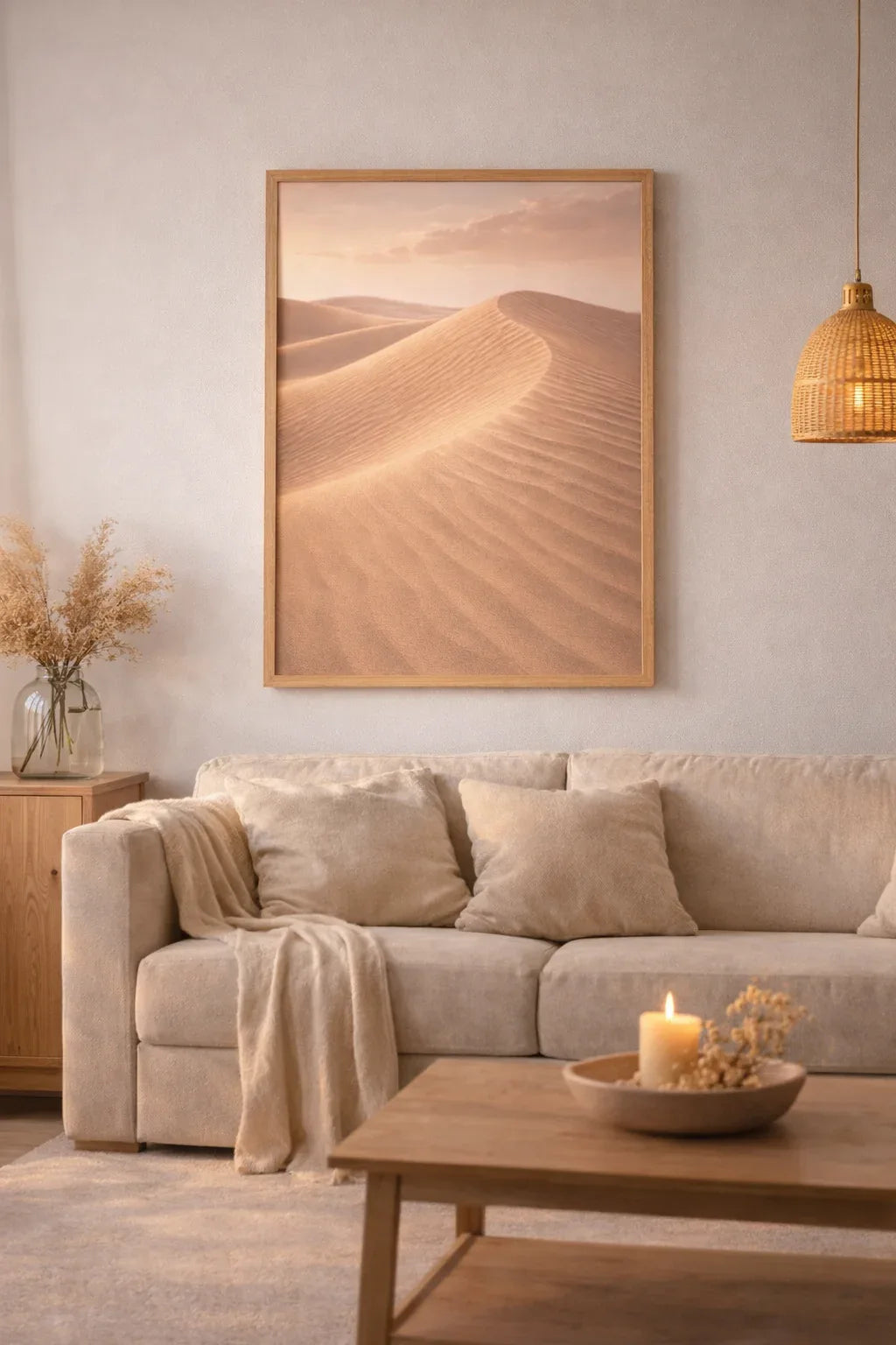 Silence des Dunes framed in wood above beige sofa, showcasing premium matte art print for elegant wall decor.