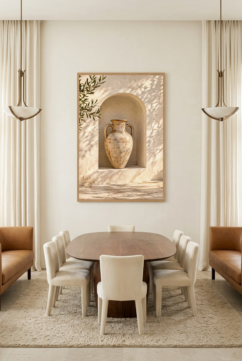 The Amphora in the Niche — poster in an oak frame above a dining table