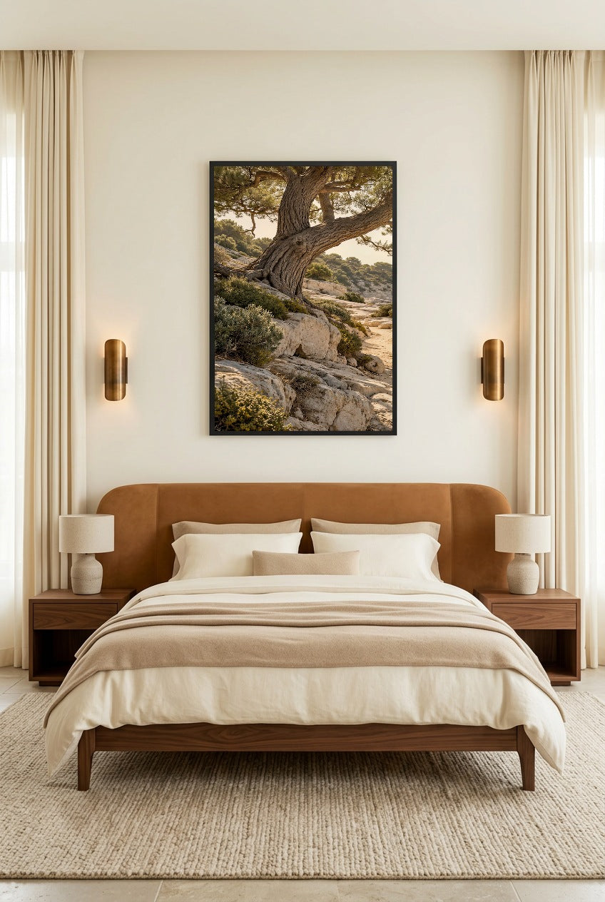 The Pine Trunk — poster in a black frame in a bedroom