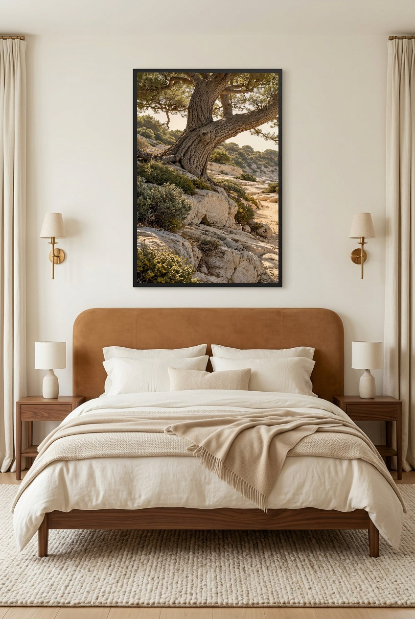 The Pine Trunk — poster in a black frame above a bed