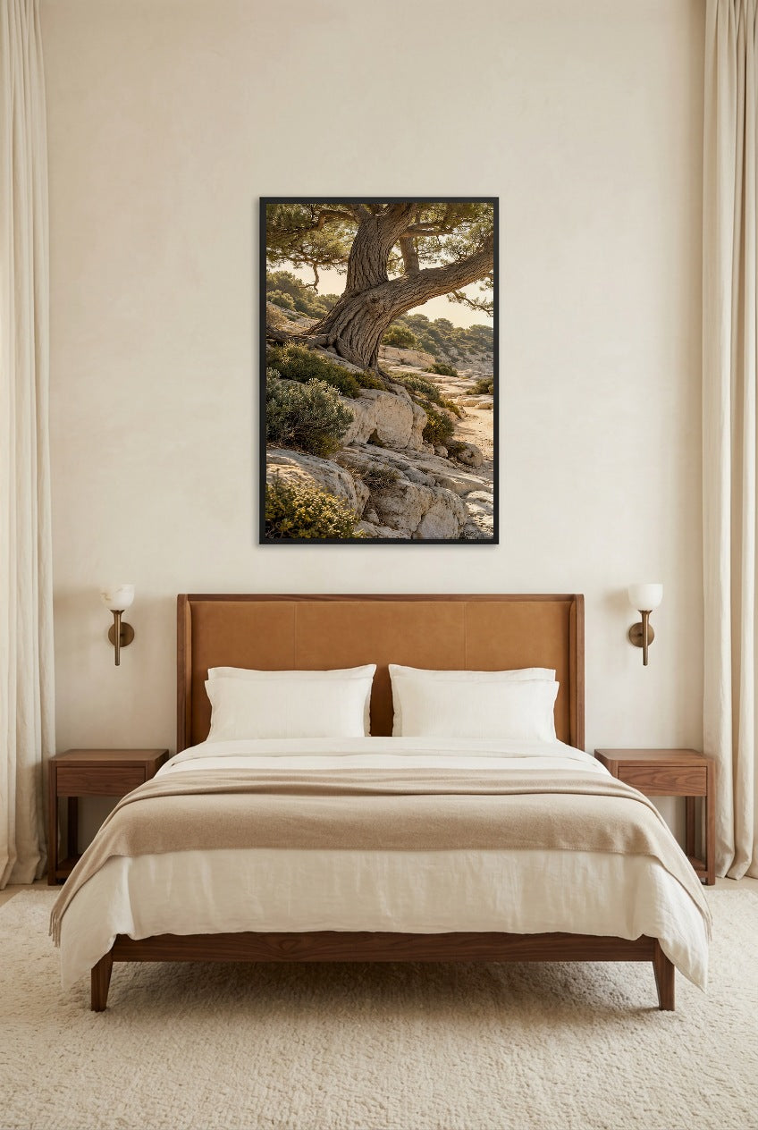 The Pine Trunk — poster in a black frame in a bright bedroom