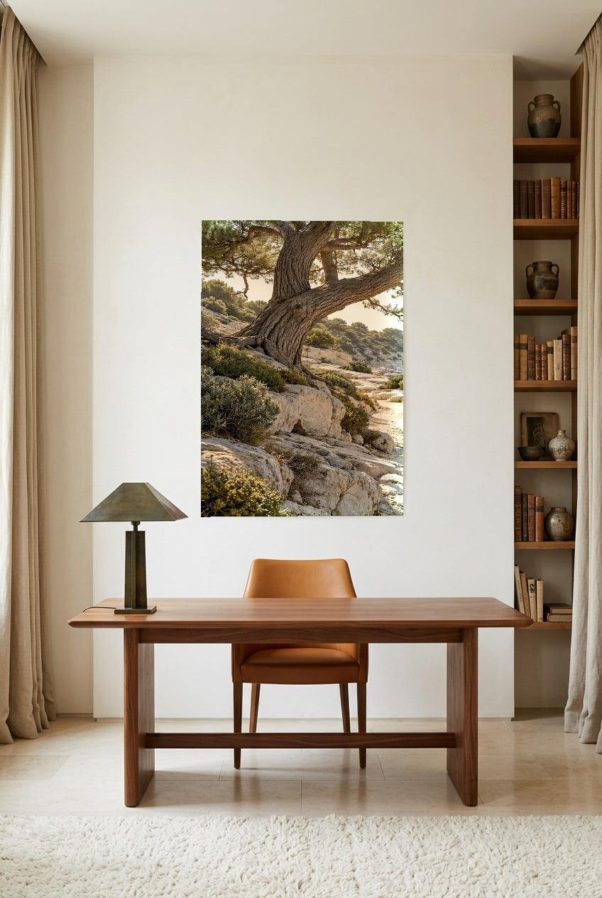 The Pine Trunk — unframed poster above a desk