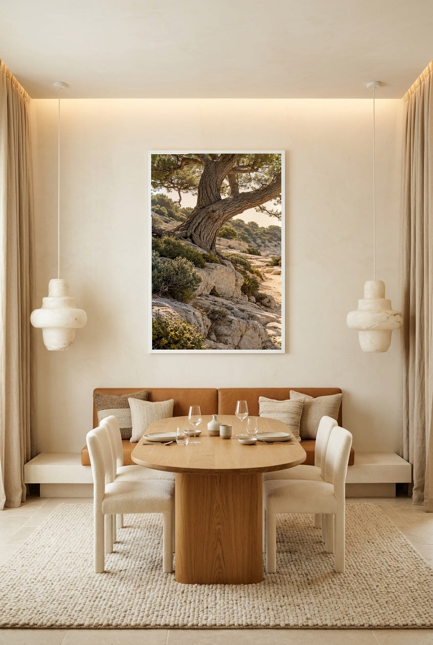 The Pine Trunk — poster in a white frame above a dining table, another view
