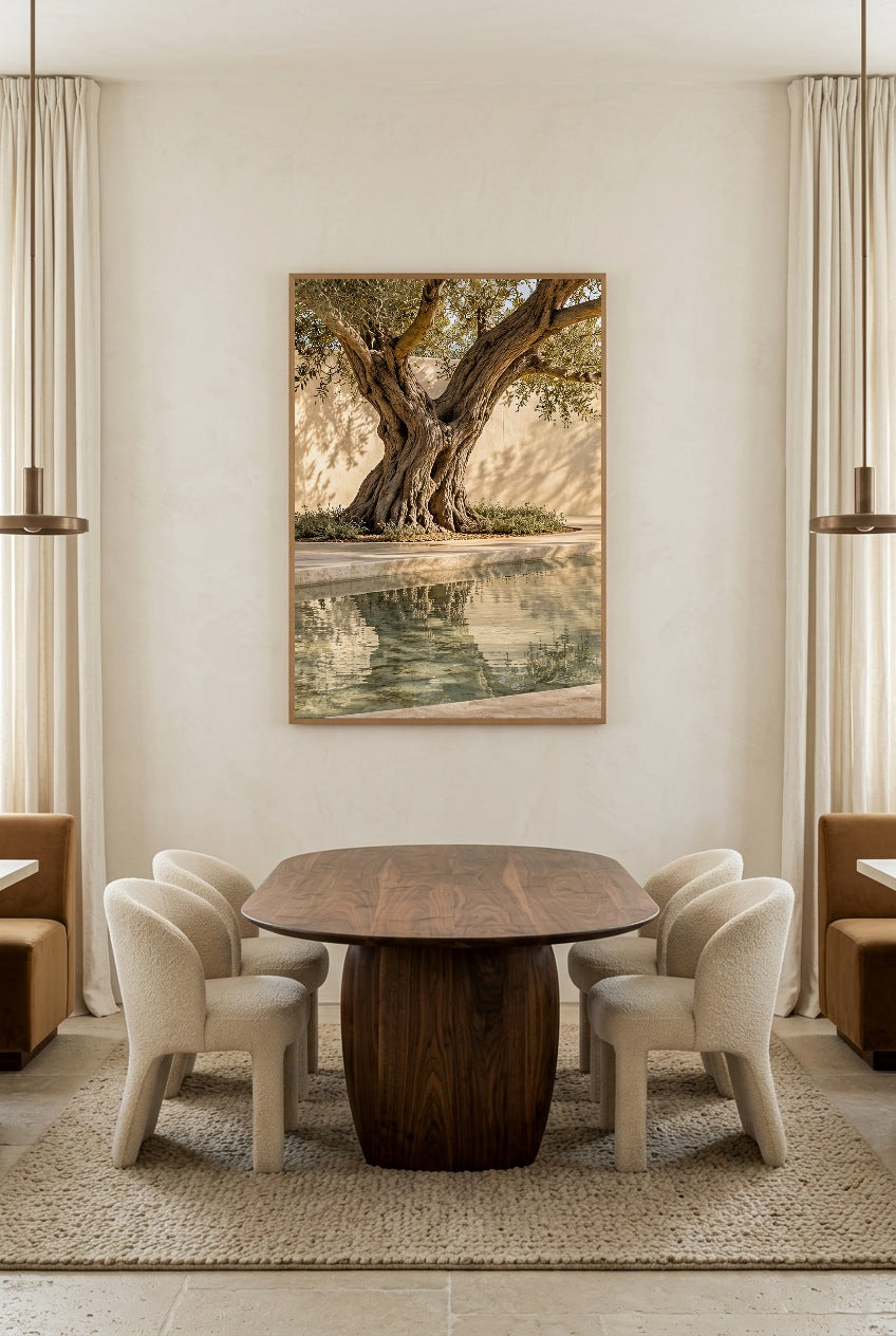 The Pool Olive Tree — poster in an oak frame in a dining room