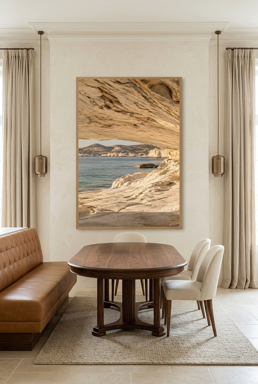 The Way Out to Sea — poster in an oak frame in a dining room