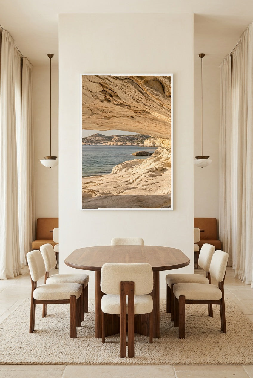 The Way Out to Sea — poster in a white frame in a bright dining room