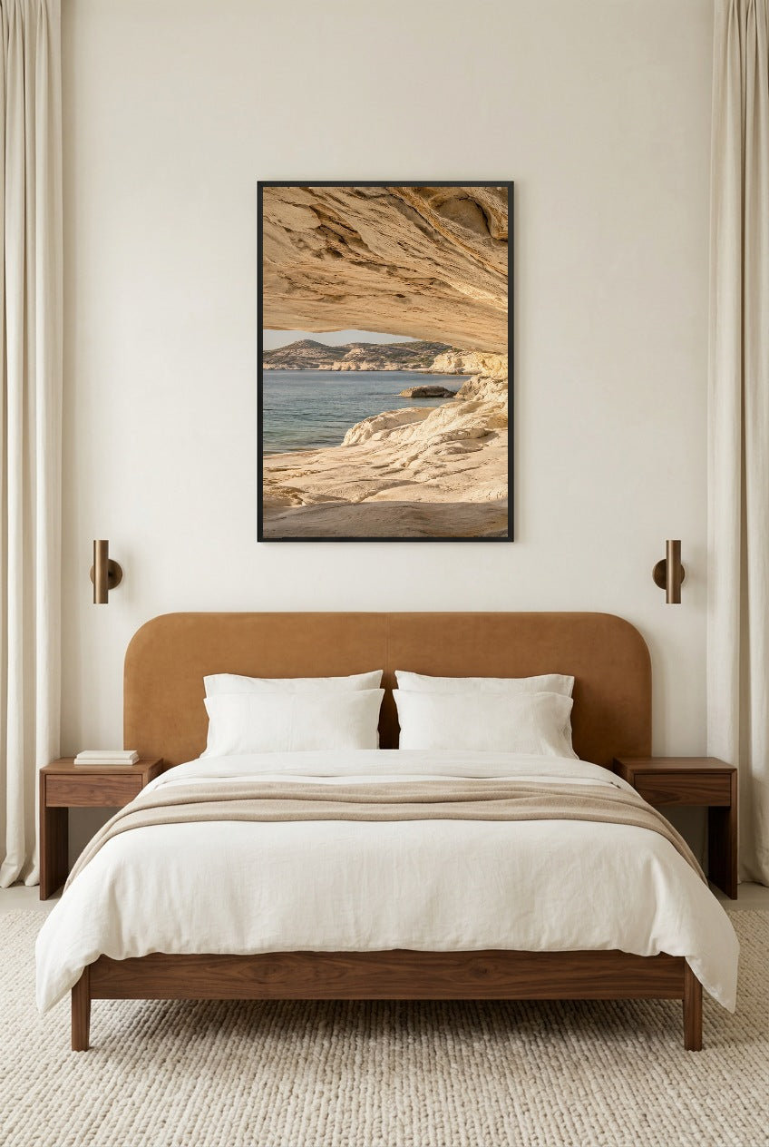 The Way Out to Sea — poster in a black frame in a bright bedroom