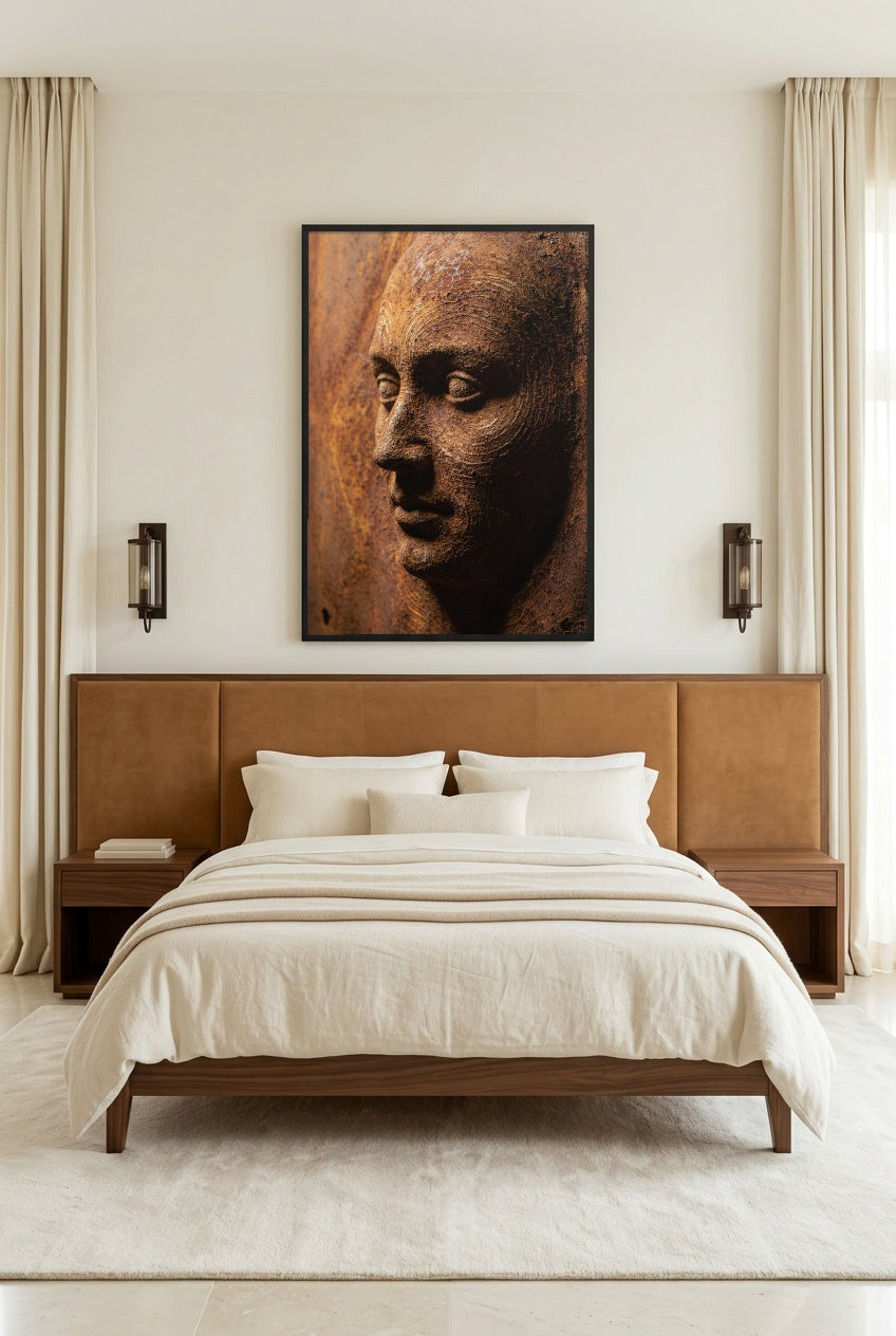 Rust Face — poster in a black frame in a bright bedroom