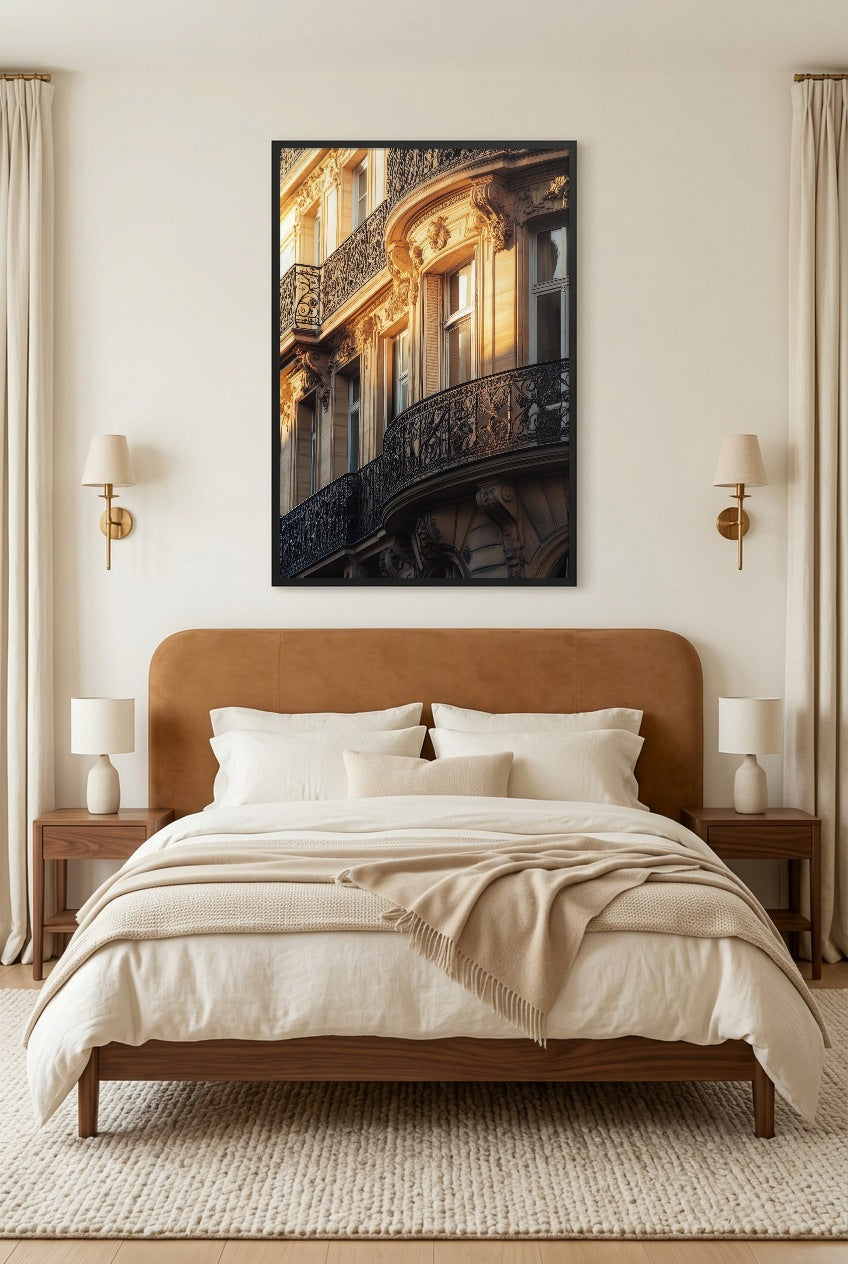The Haussmann — poster in a black frame above a bed