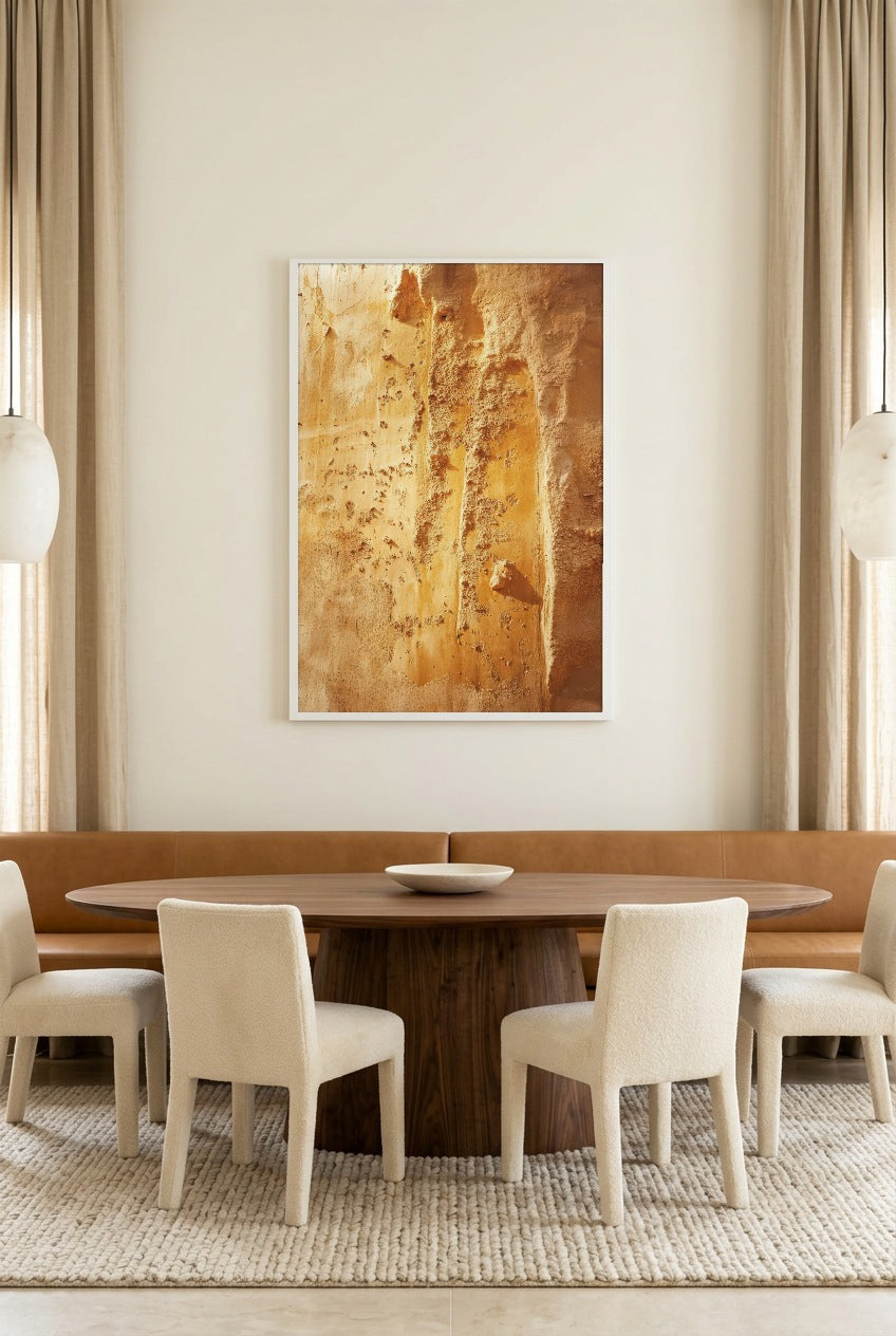 The Vivid Ochre — poster in a white frame above a dining table