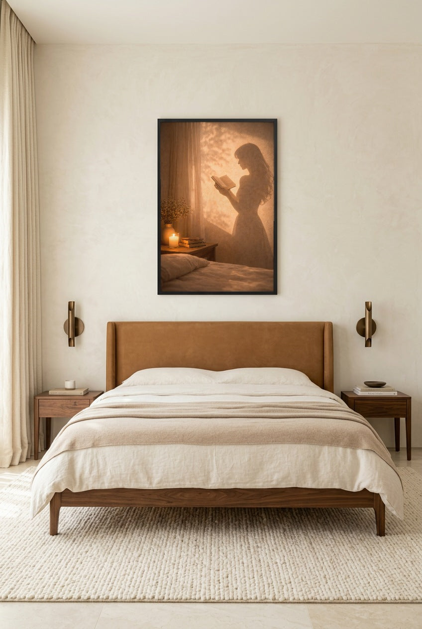 Le Livre du Soir — poster con cornice nera in una camera da letto