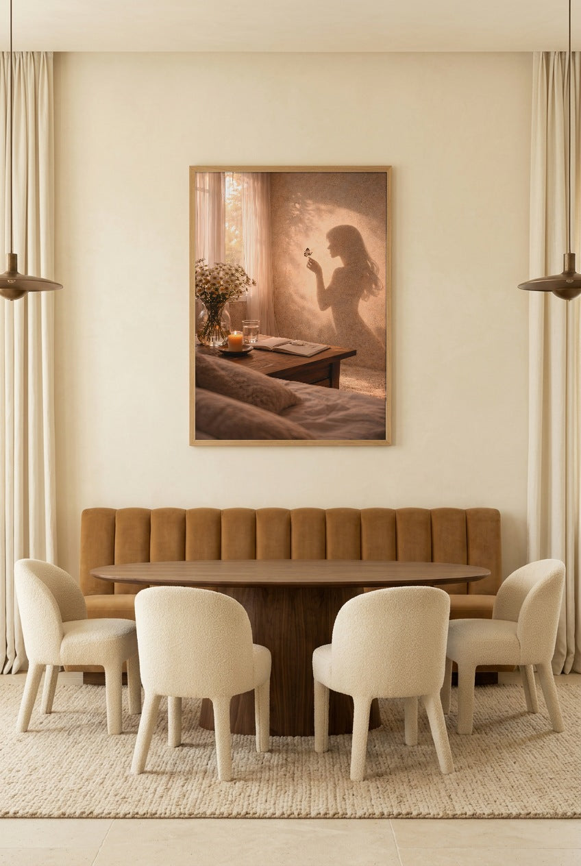 L'Istante Fragile — poster con cornice in rovere in una sala da pranzo